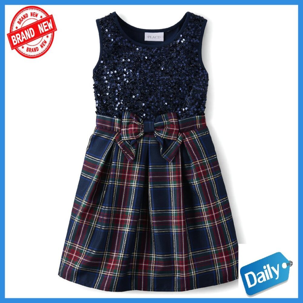 Girls Sleeveless Sequin Dress Plaid Skirt Above Knee Pullover
